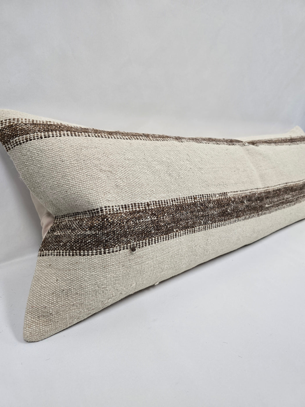 Turkish Lumbar Rug Pillow Cream Brown Cushion Cover Hemp Pillow 14" x 40" #9490