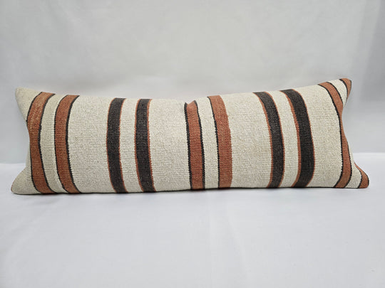 Turkish Lumbar Rug Pillow Cream Brown Rust Cushion Cover Hemp Pillow 14" x 40" #9489