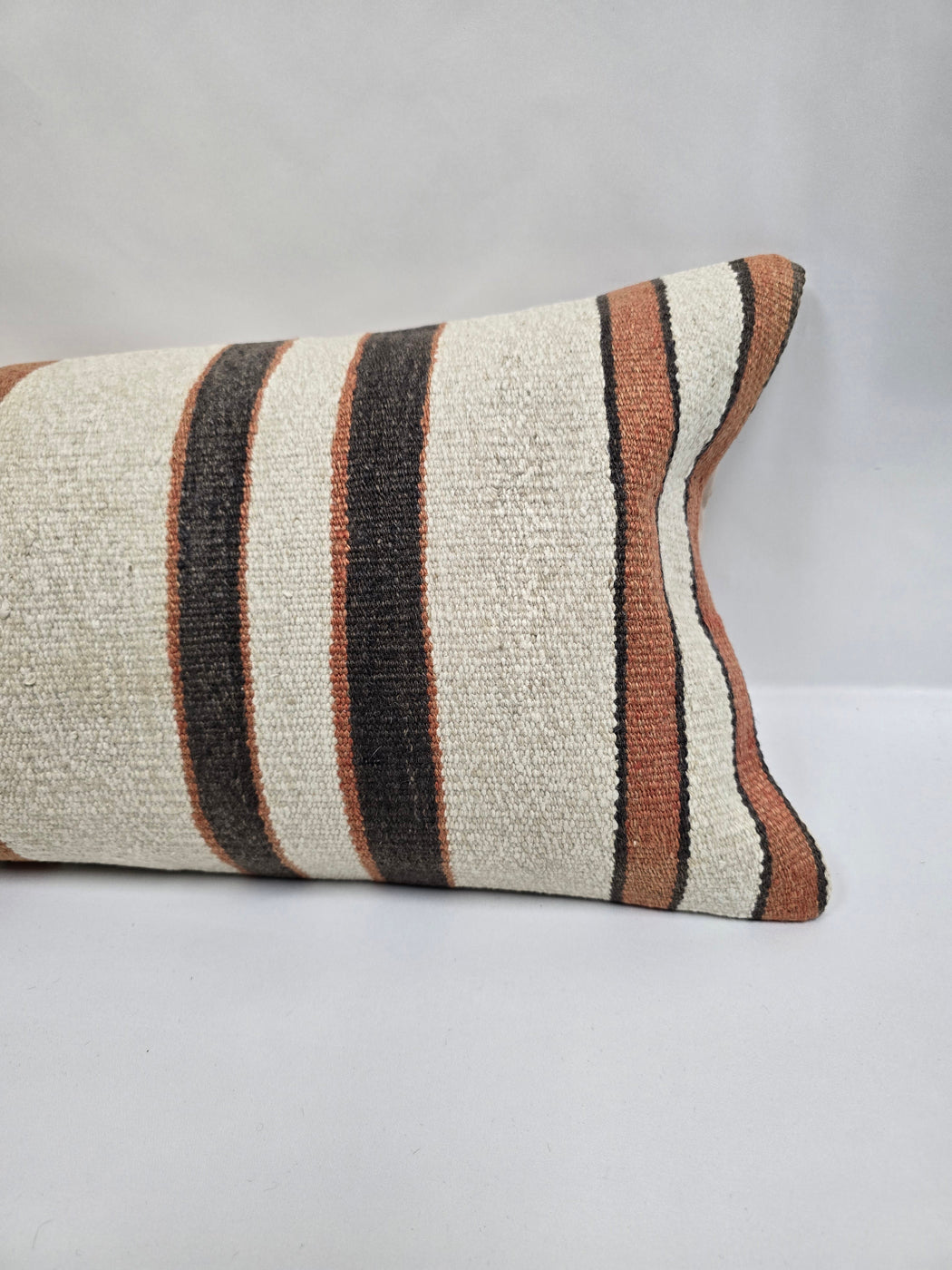 Turkish Lumbar Rug Pillow Cream Brown Rust Cushion Cover Hemp Pillow 14" x 40" #9489