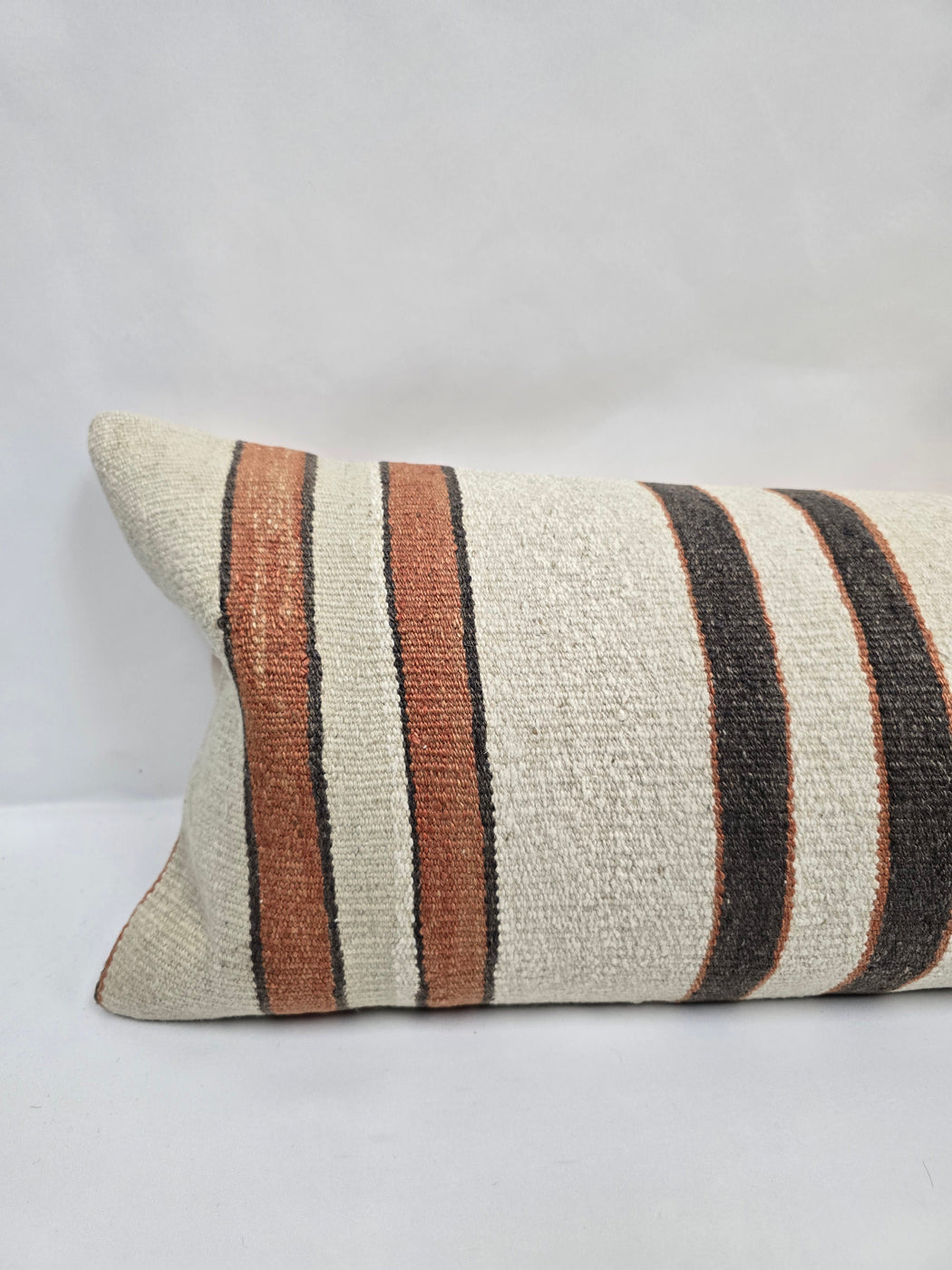 Turkish Lumbar Rug Pillow Cream Brown Rust Cushion Cover Hemp Pillow 14" x 40" #9489