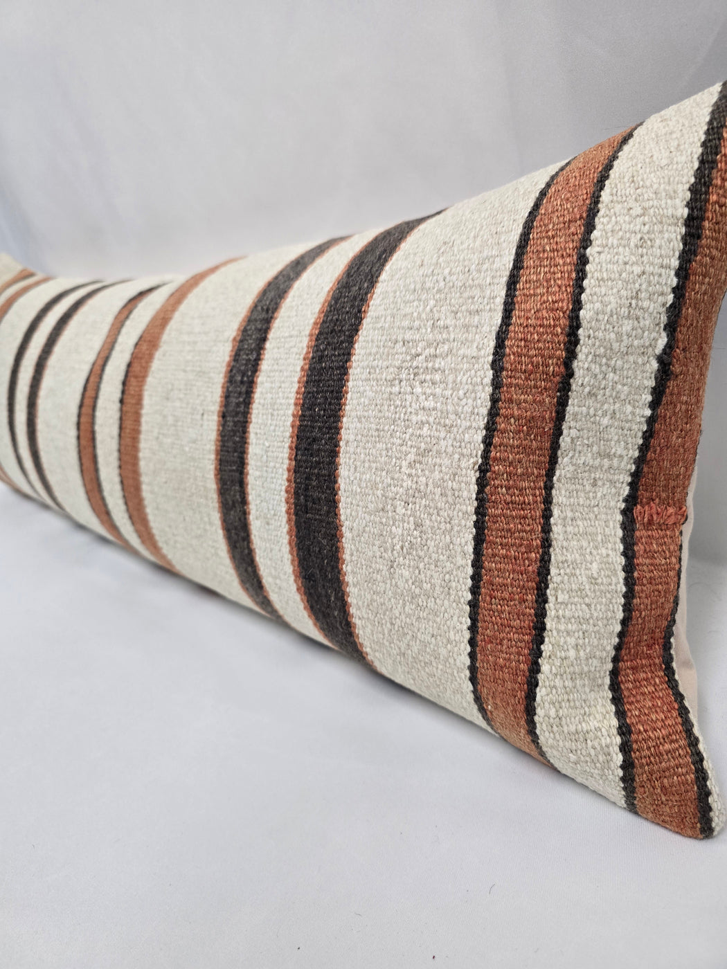Turkish Lumbar Rug Pillow Cream Brown Rust Cushion Cover Hemp Pillow 14" x 40" #9489