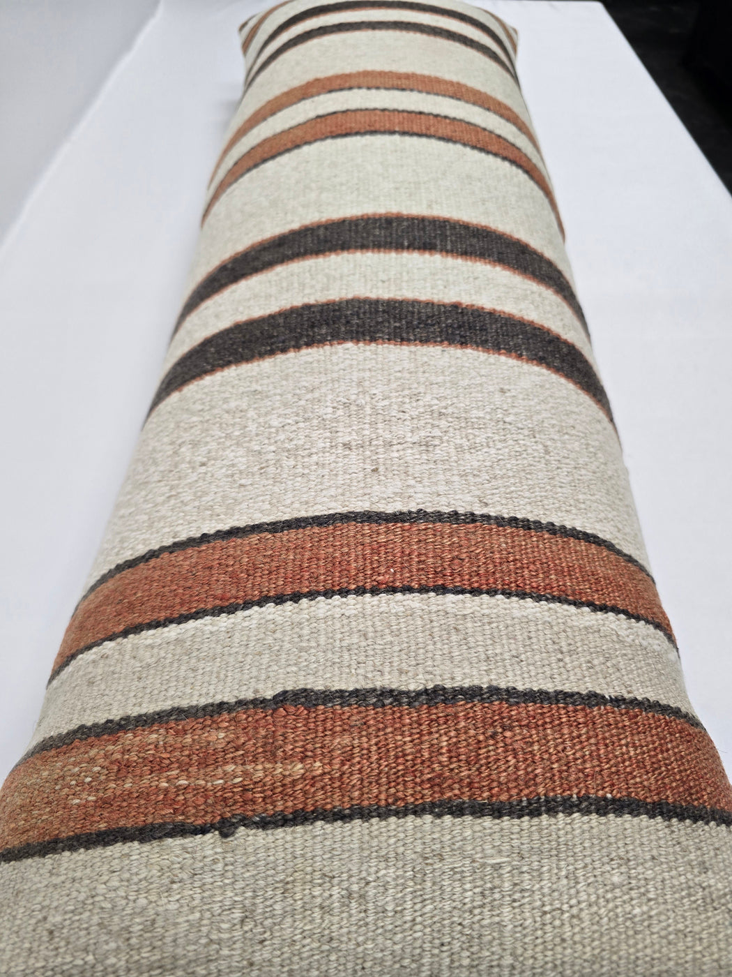 Turkish Lumbar Rug Pillow Cream Brown Rust Cushion Cover Hemp Pillow 14" x 40" #9489