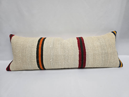 Turkish Lumbar Rug Pillow Cream Black Orange Cushion Cover Hemp Pillow 14" x 40" #9488