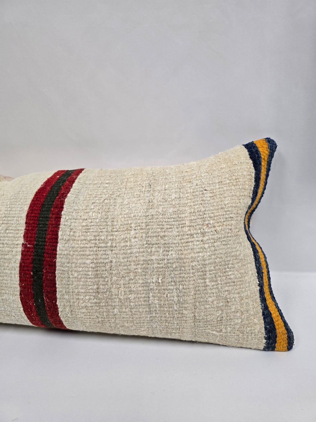 Turkish Lumbar Rug Pillow Cream Black Orange Cushion Cover Hemp Pillow 14" x 40" #9488