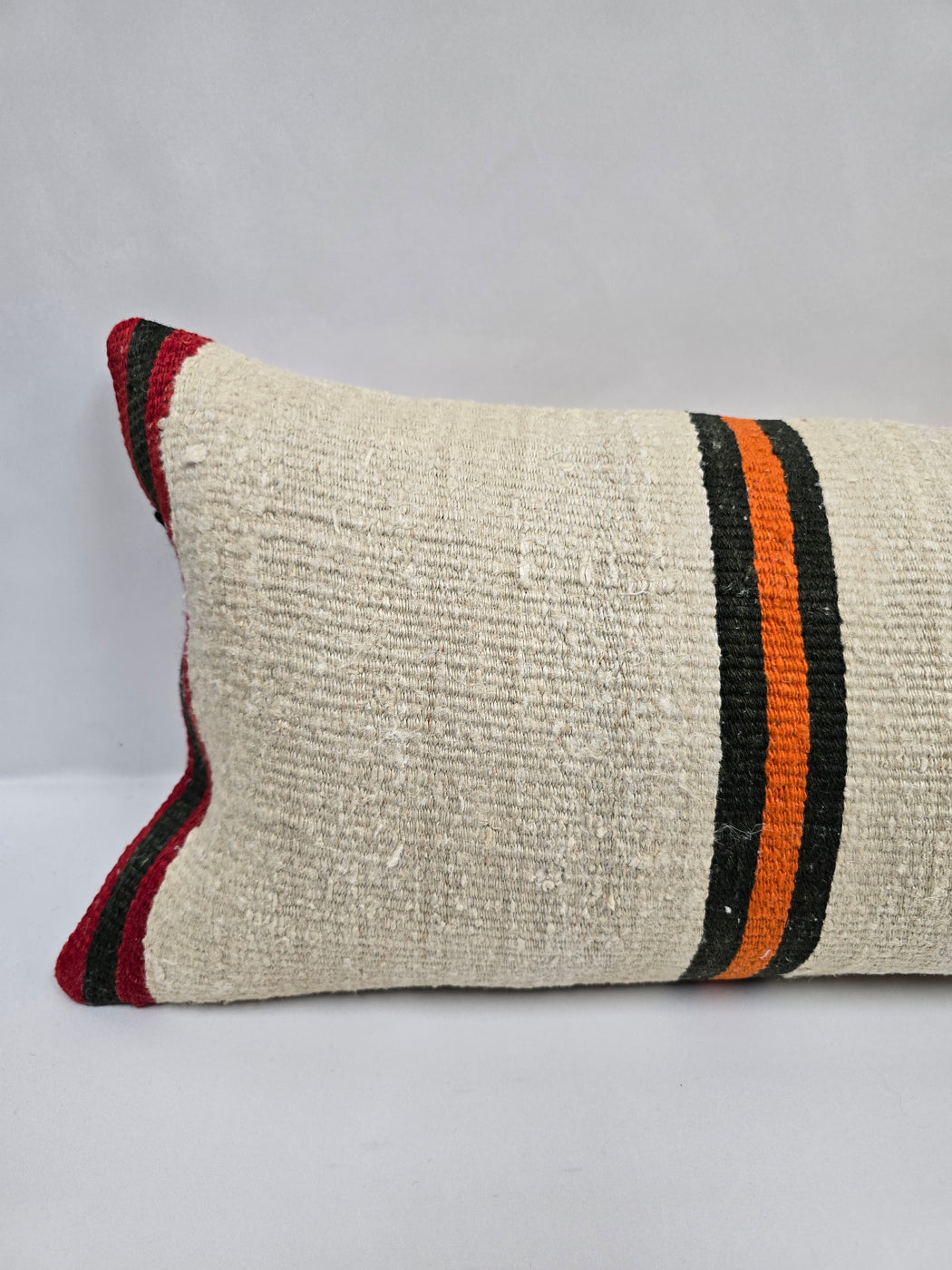 Turkish Lumbar Rug Pillow Cream Black Orange Cushion Cover Hemp Pillow 14" x 40" #9488