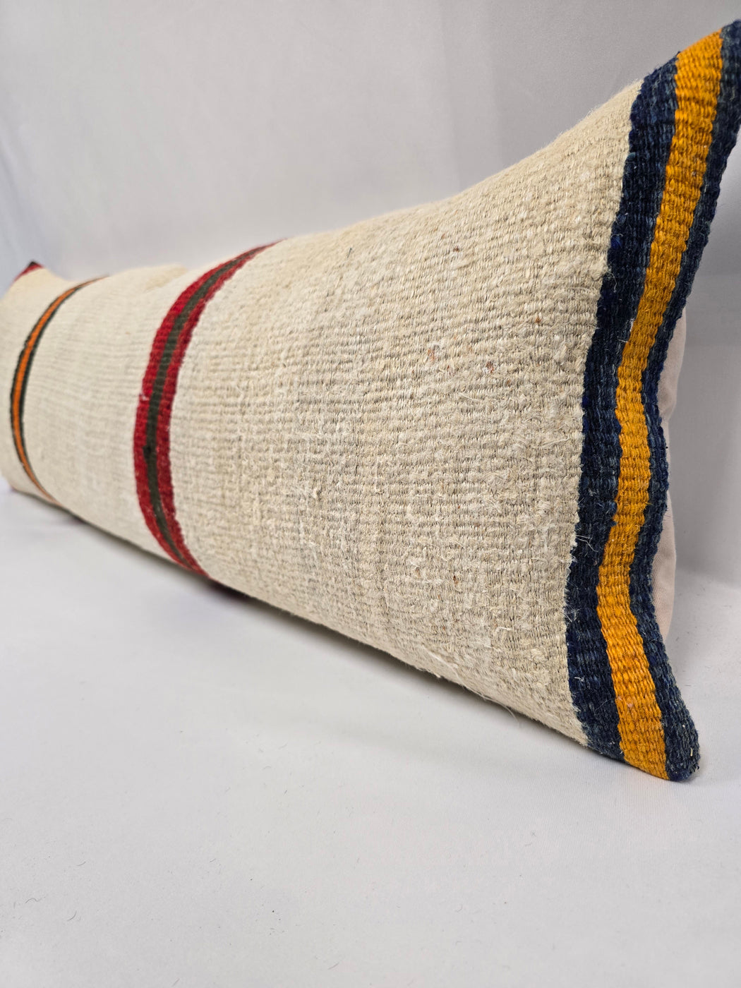 Turkish Lumbar Rug Pillow Cream Black Orange Cushion Cover Hemp Pillow 14" x 40" #9488