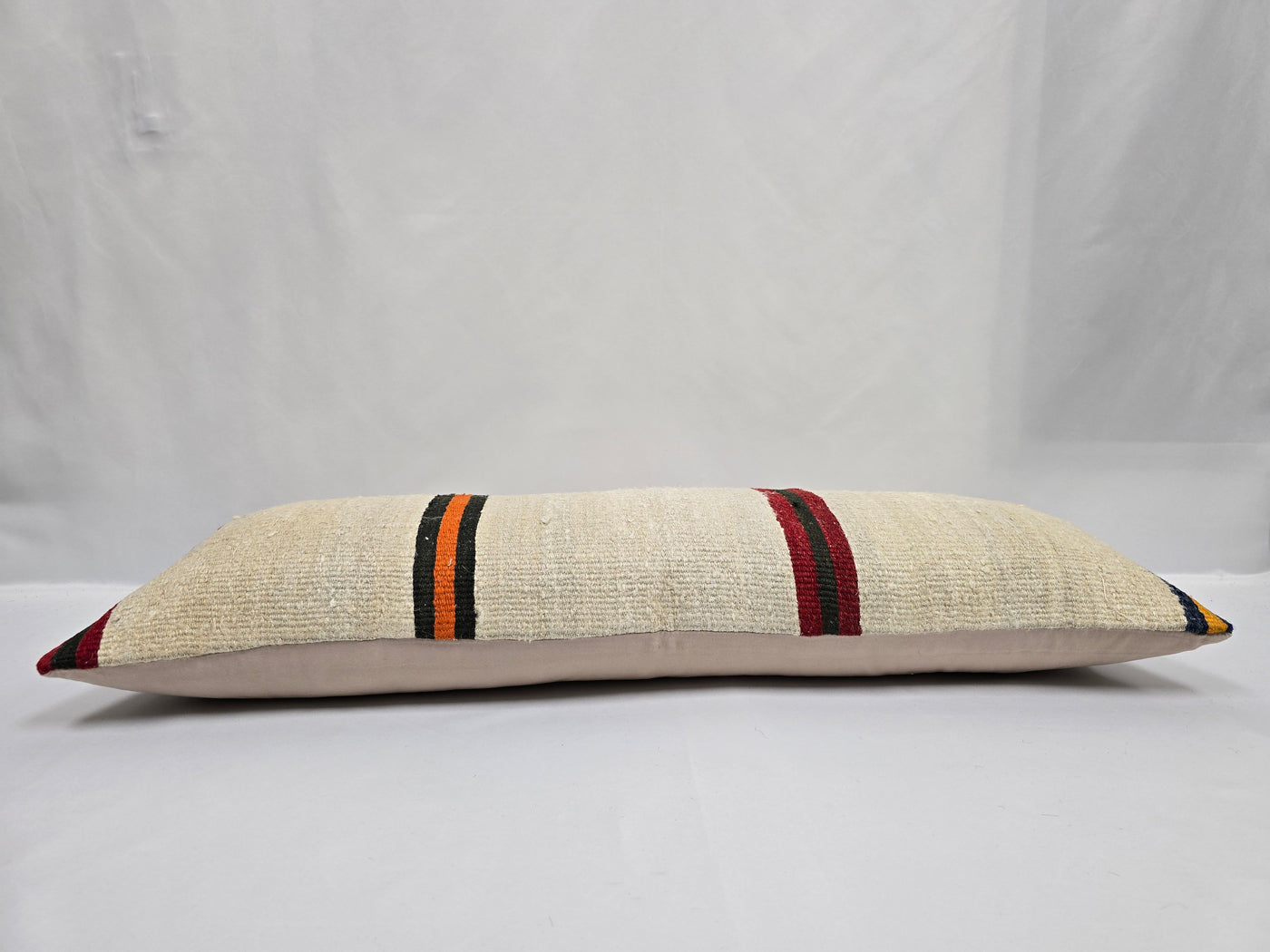 Turkish Lumbar Rug Pillow Cream Black Orange Cushion Cover Hemp Pillow 14" x 40" #9488