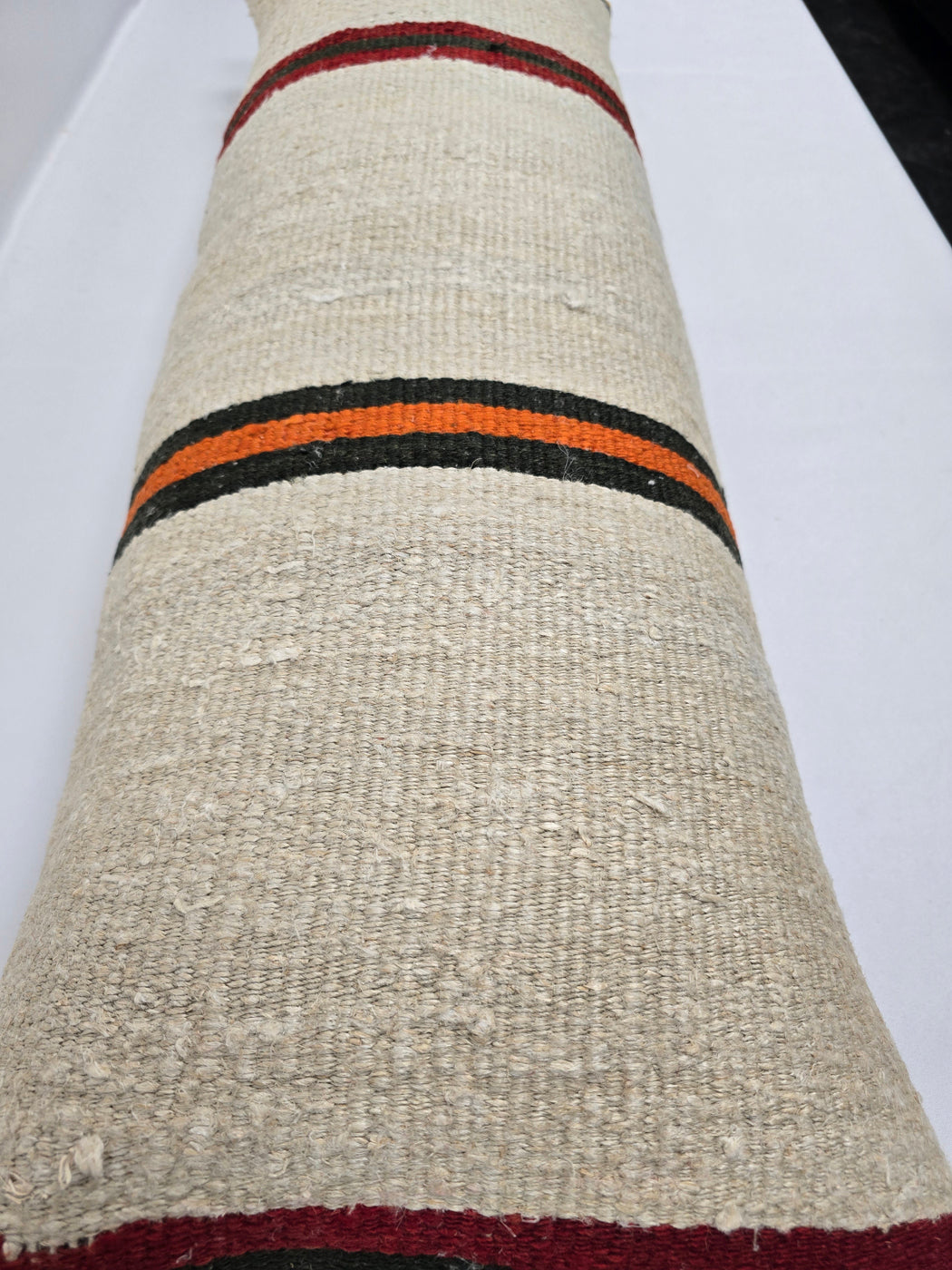 Turkish Lumbar Rug Pillow Cream Black Orange Cushion Cover Hemp Pillow 14" x 40" #9488