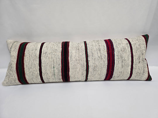 Turkish Lumbar Rug Pillow Cream Black Red Cushion Cover Hemp Pillow 14" x 40" #9486