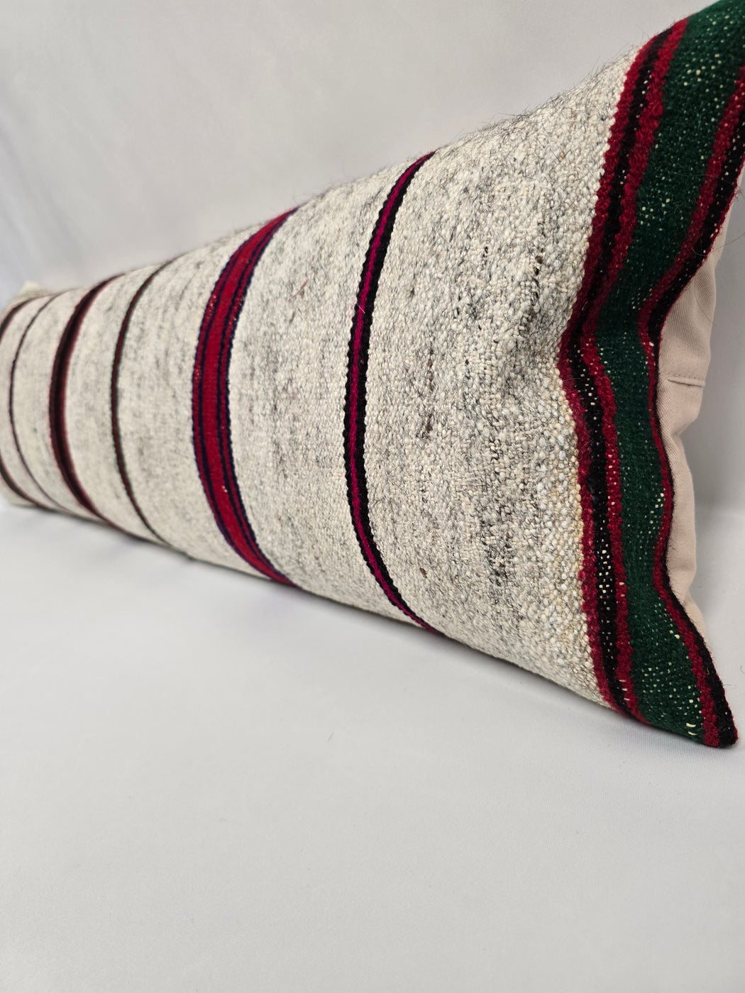 Turkish Lumbar Rug Pillow Cream Black Red Cushion Cover Hemp Pillow 14" x 40" #9486