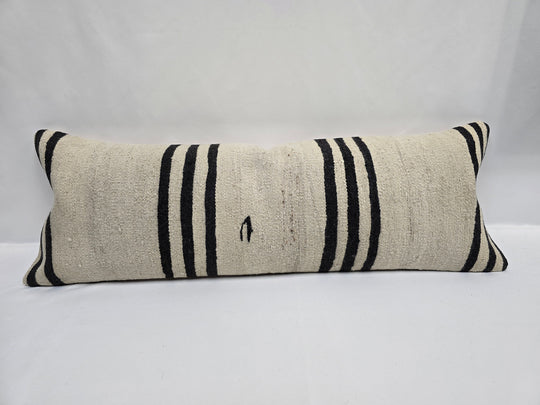 Turkish Lumbar Rug Pillow Cream Black Cushion Cover Hemp Pillow 14" x 40" #9485