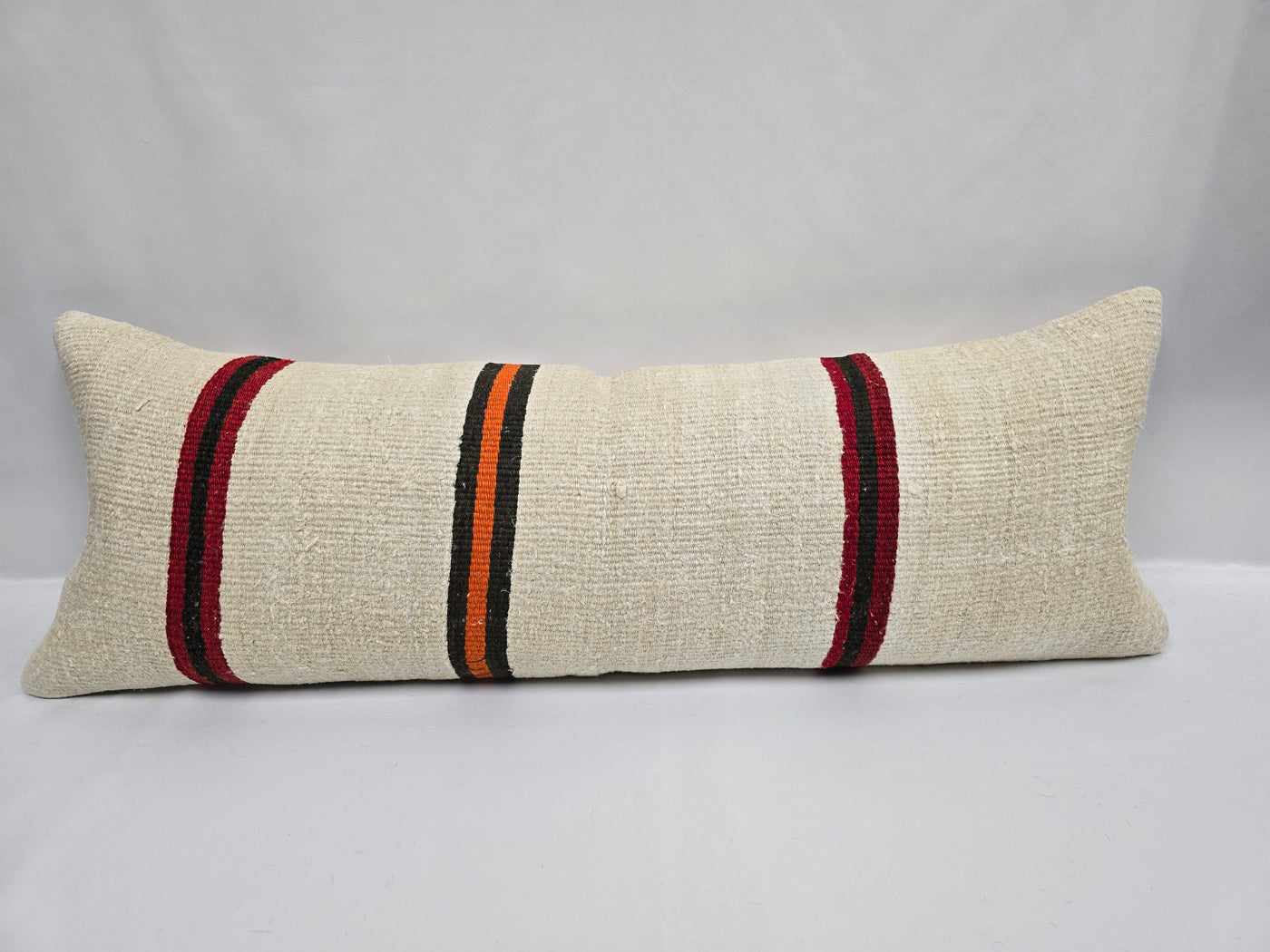 Turkish Lumbar Rug Pillow Cream Black Orange Cushion Cover Hemp Pillow 14" x 40" #9484