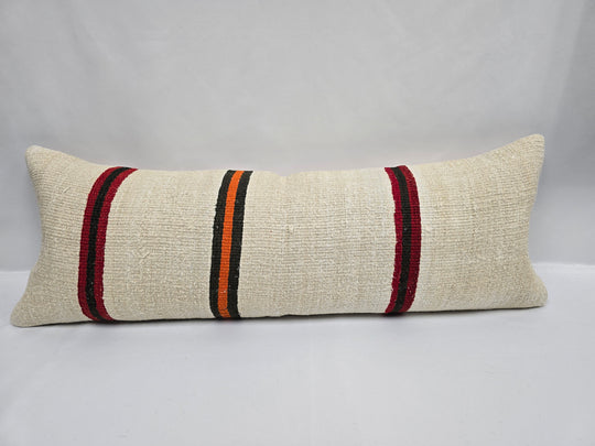 Turkish Lumbar Rug Pillow Cream Black Orange Cushion Cover Hemp Pillow 14" x 40" #9484