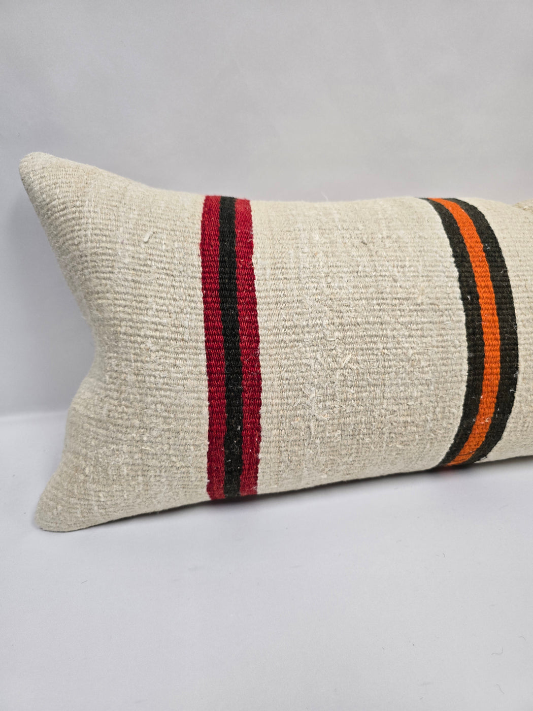 Turkish Lumbar Rug Pillow Cream Black Orange Cushion Cover Hemp Pillow 14" x 40" #9484
