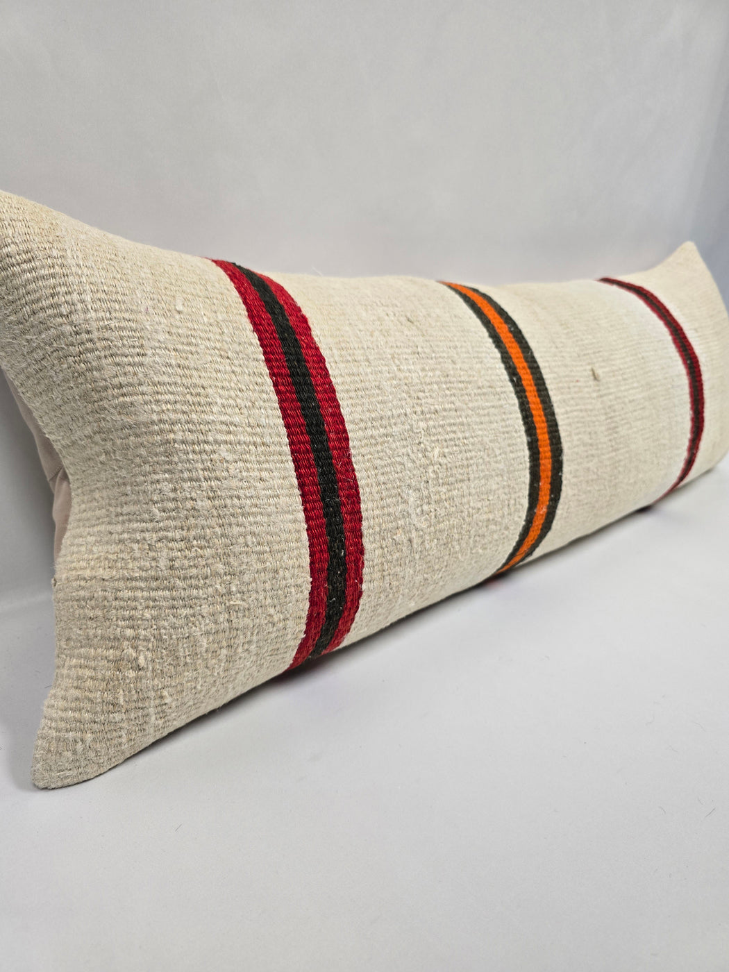 Turkish Lumbar Rug Pillow Cream Black Orange Cushion Cover Hemp Pillow 14" x 40" #9484
