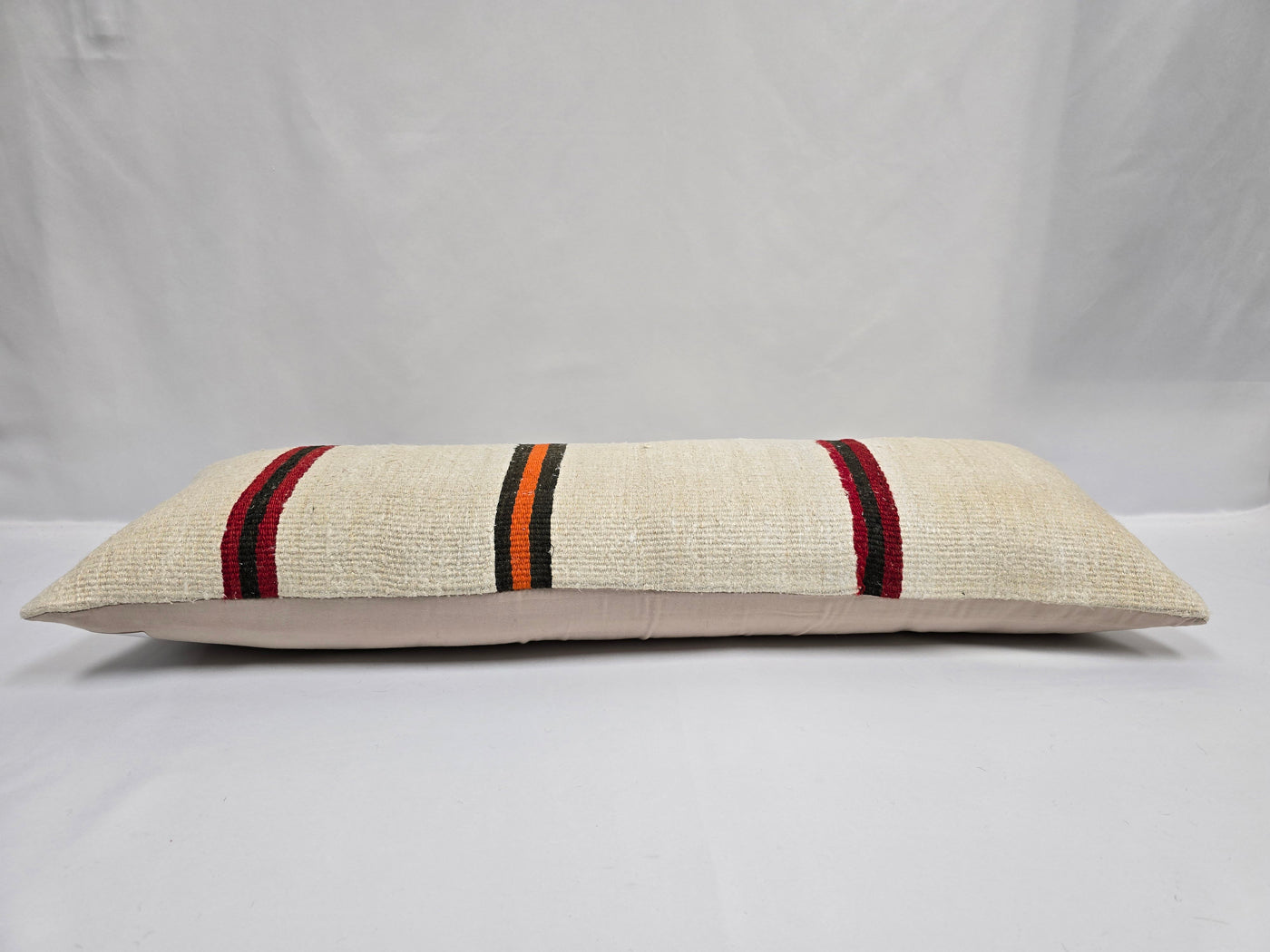 Turkish Lumbar Rug Pillow Cream Black Orange Cushion Cover Hemp Pillow 14" x 40" #9484