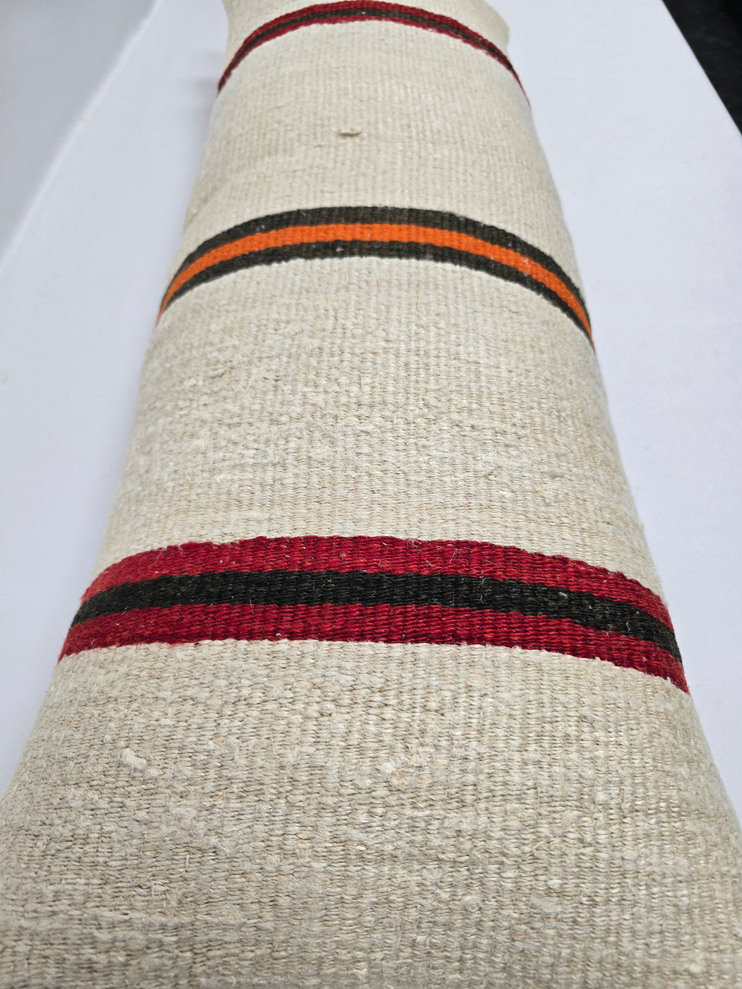 Turkish Lumbar Rug Pillow Cream Black Orange Cushion Cover Hemp Pillow 14" x 40" #9484