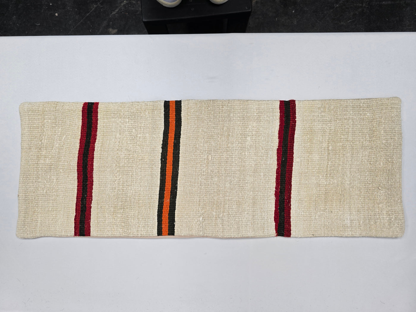 Turkish Lumbar Rug Pillow Cream Black Orange Cushion Cover Hemp Pillow 14" x 40" #9484