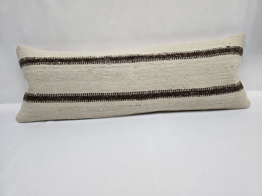 Turkish Lumbar Rug Pillow Cream Brown Cushion Cover Hemp Pillow 14" x 40" #9483