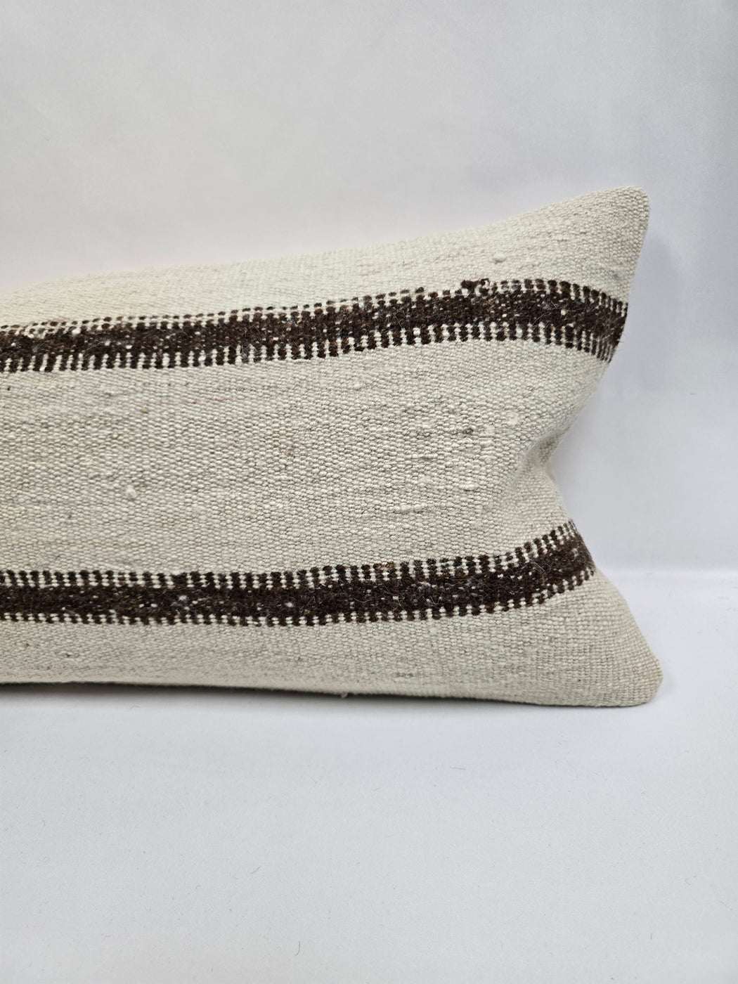 Turkish Lumbar Rug Pillow Cream Brown Cushion Cover Hemp Pillow 14" x 40" #9483