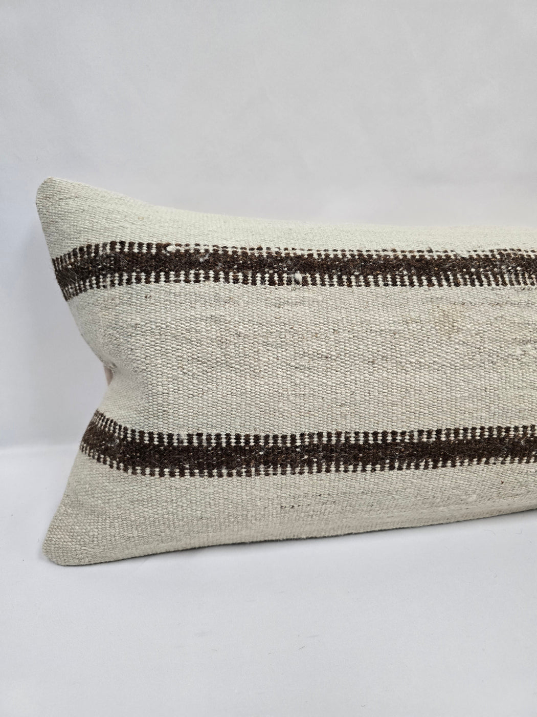 Turkish Lumbar Rug Pillow Cream Brown Cushion Cover Hemp Pillow 14" x 40" #9483
