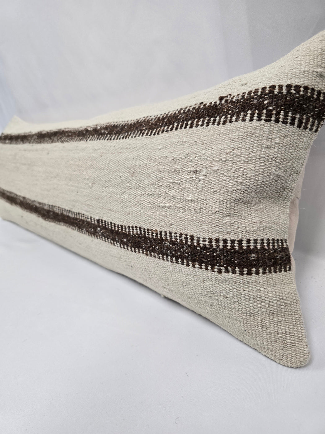 Turkish Lumbar Rug Pillow Cream Brown Cushion Cover Hemp Pillow 14" x 40" #9483