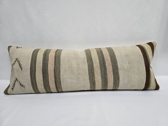 Turkish Lumbar Rug Pillow Cream Brown Olive Cushion Cover Hemp Pillow 14" x 40" #9417