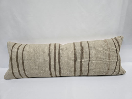 Turkish Lumbar Rug Pillow Cream Brown Cushion Cover Hemp Pillow 14" x 40" #9433
