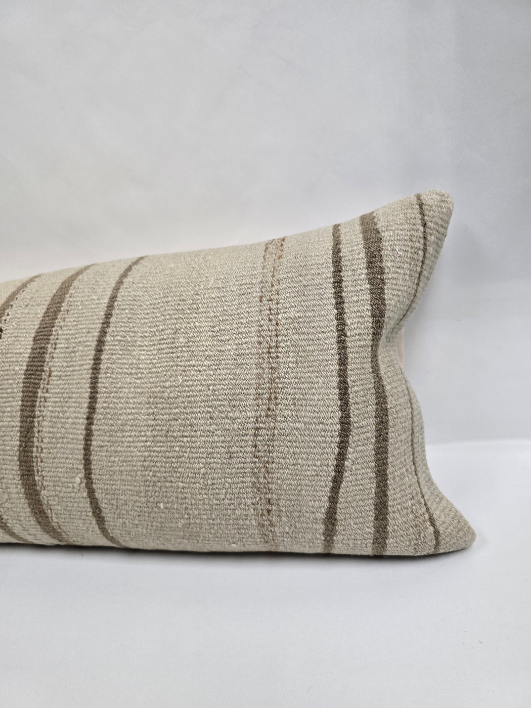 Turkish Lumbar Rug Pillow Cream Brown Cushion Cover Hemp Pillow 14" x 40" #9433