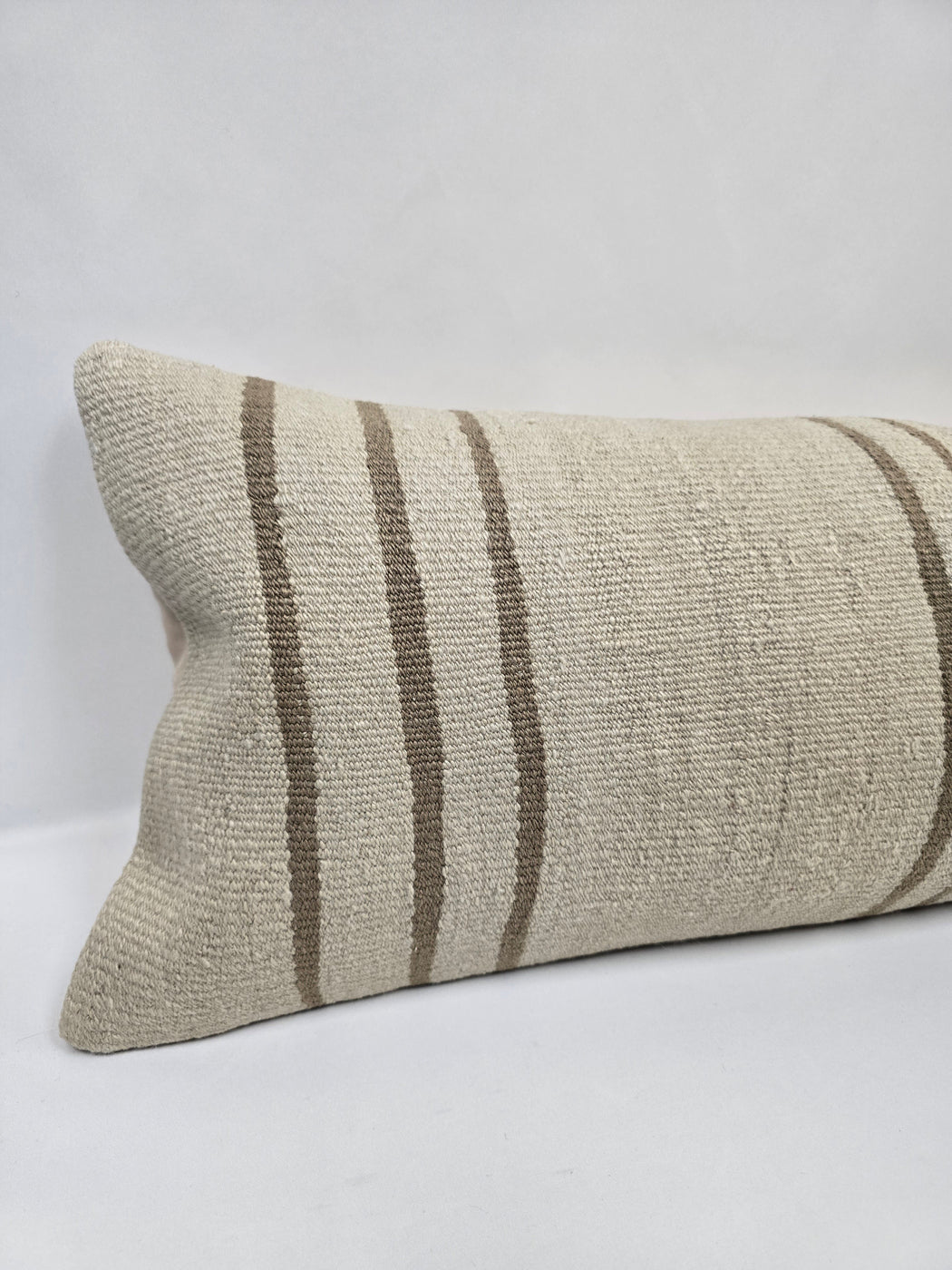 Turkish Lumbar Rug Pillow Cream Brown Cushion Cover Hemp Pillow 14" x 40" #9433