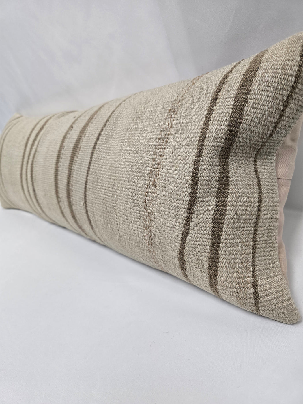 Turkish Lumbar Rug Pillow Cream Brown Cushion Cover Hemp Pillow 14" x 40" #9433