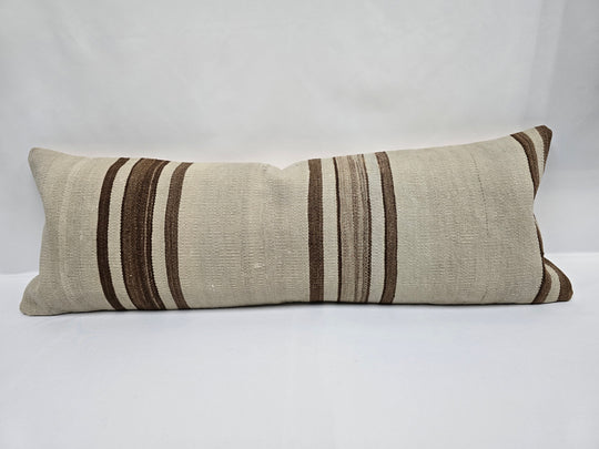 Turkish Lumbar Rug Pillow Cream Brown Cushion Cover Hemp Pillow 14" x 40" #9432