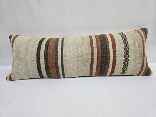Turkish Lumbar Rug Pillow Cream Brown Cushion Cover Hemp Pillow 14" x 40" #9431