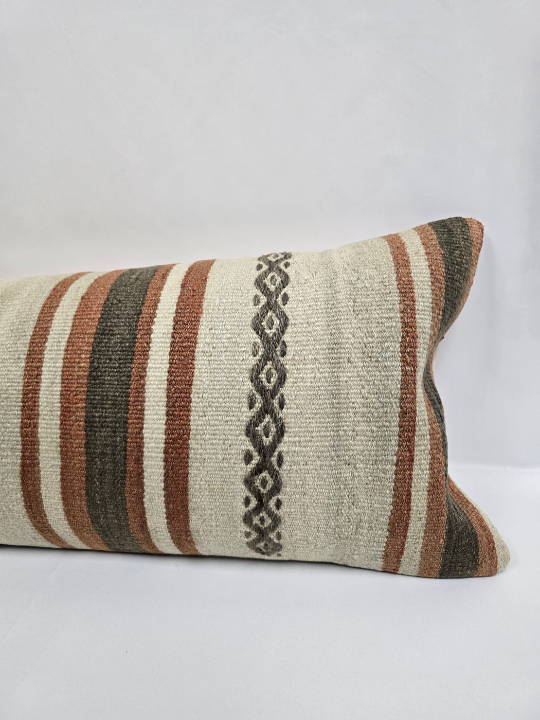 Turkish Lumbar Rug Pillow Cream Brown Cushion Cover Hemp Pillow 14" x 40" #9431
