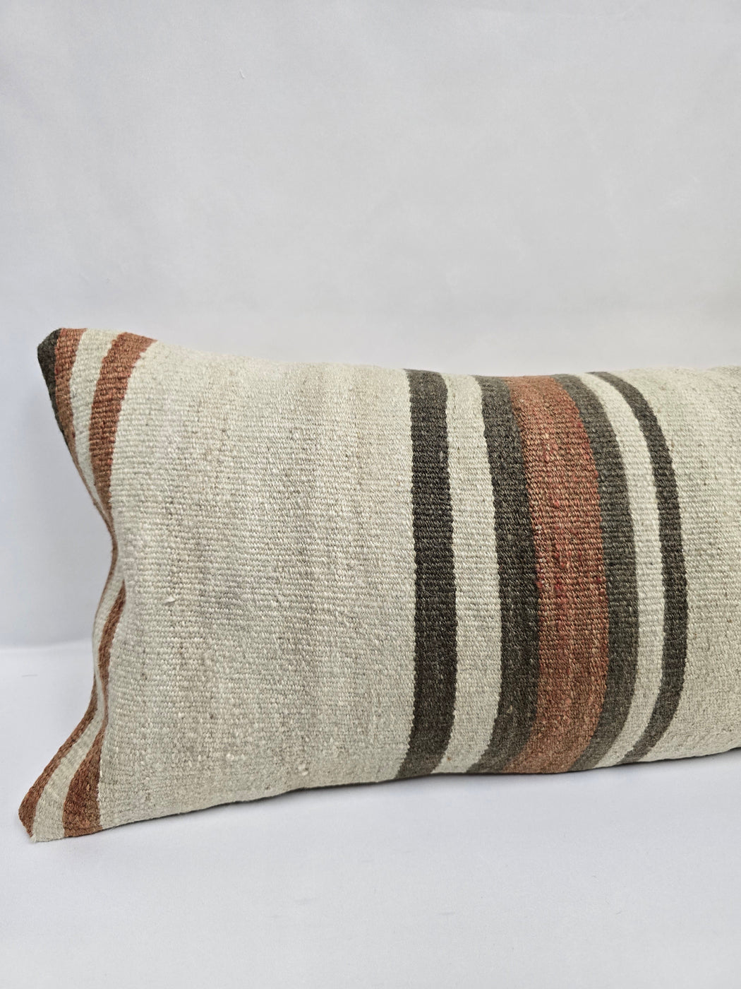 Turkish Lumbar Rug Pillow Cream Brown Cushion Cover Hemp Pillow 14" x 40" #9431