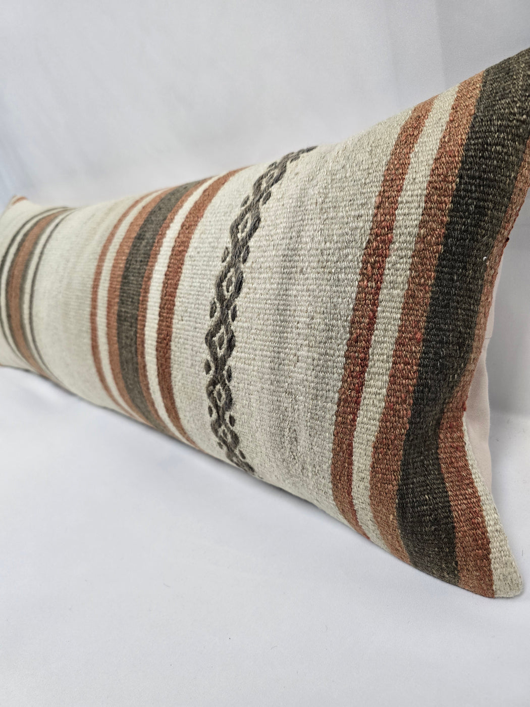 Turkish Lumbar Rug Pillow Cream Brown Cushion Cover Hemp Pillow 14" x 40" #9431
