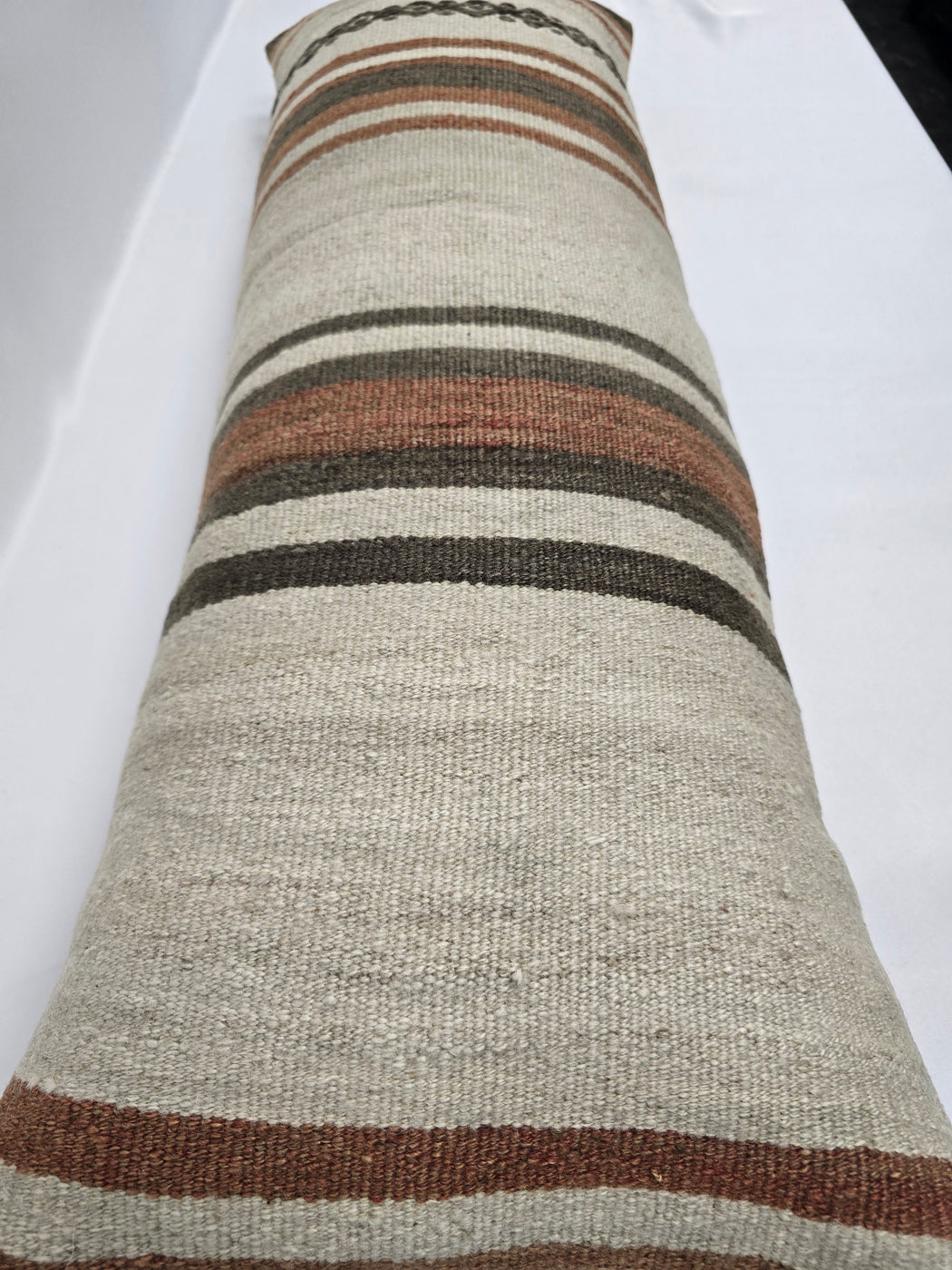Turkish Lumbar Rug Pillow Cream Brown Cushion Cover Hemp Pillow 14" x 40" #9431