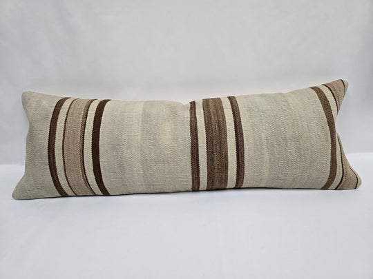 Turkish Lumbar Rug Pillow Cream Beige Brown Cushion Cover Hemp Pillow 14" x 40" #9426