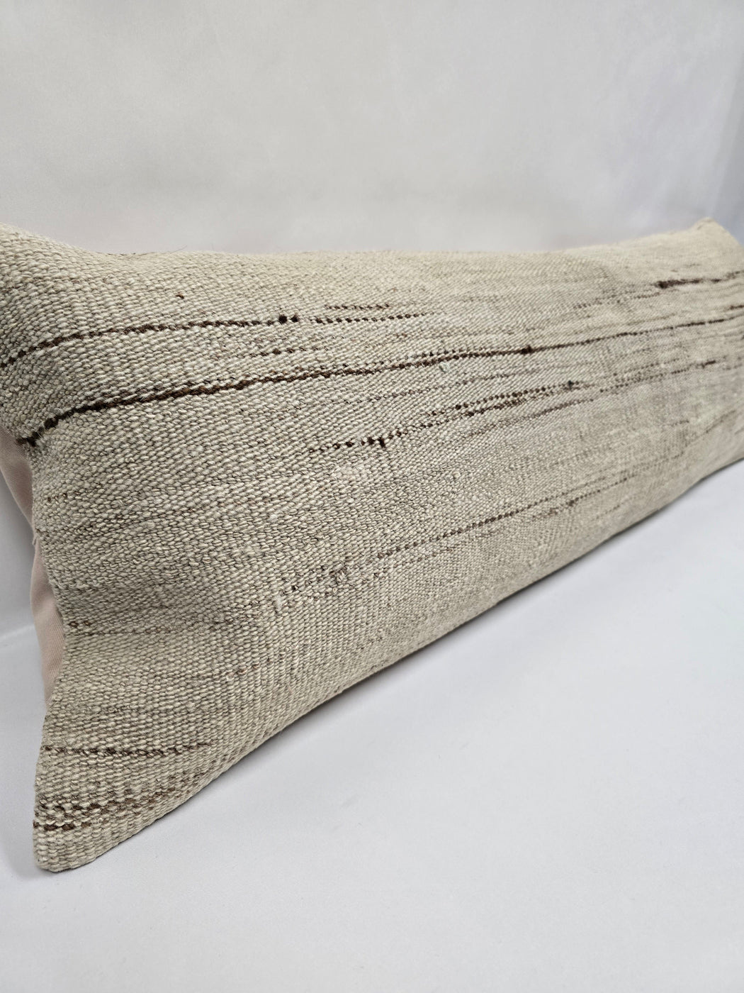 Turkish Lumbar Rug Pillow Cream Brown Cushion Cover Hemp Pillow 14" x 40" #9425