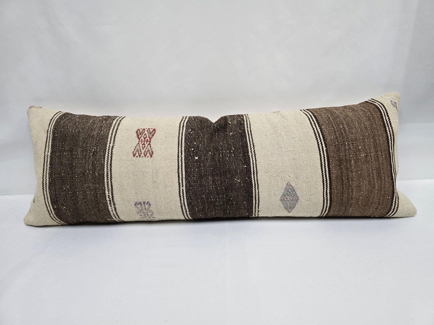Turkish Lumbar Rug Pillow Cream Brown Red Gray Cushion Cover Hemp Pillow 14" x 40" #9430