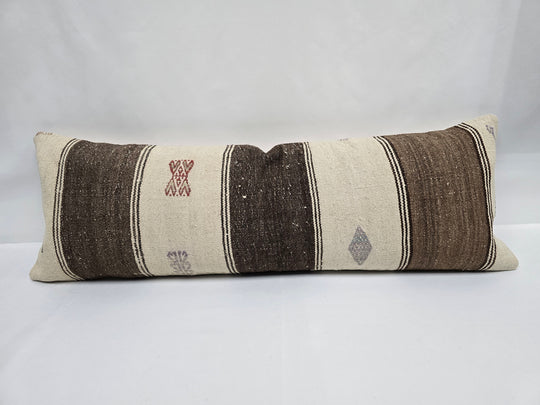 Turkish Lumbar Rug Pillow Cream Brown Red Gray Cushion Cover Hemp Pillow 14" x 40" #9430