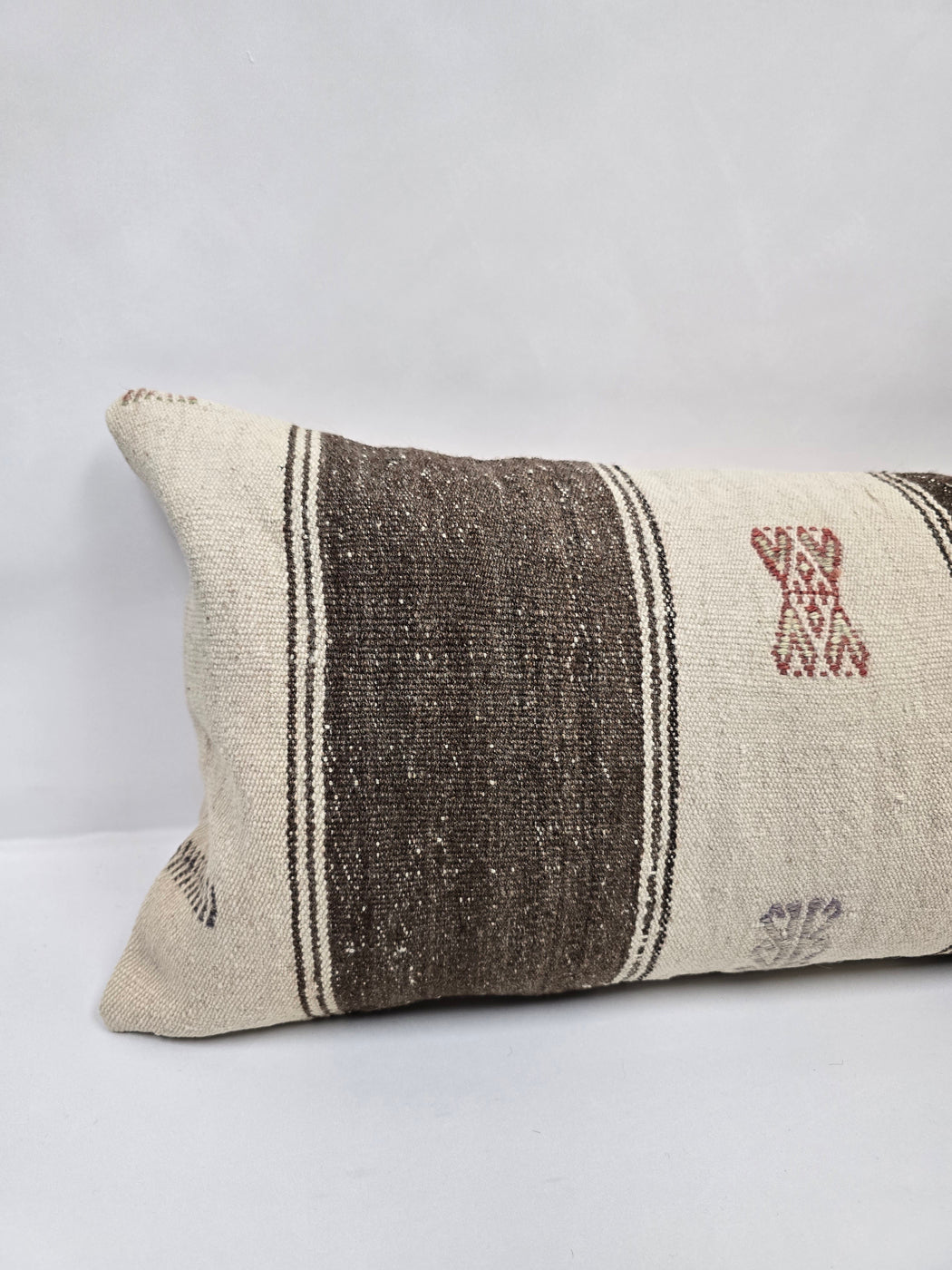 Turkish Lumbar Rug Pillow Cream Brown Red Gray Cushion Cover Hemp Pillow 14" x 40" #9430