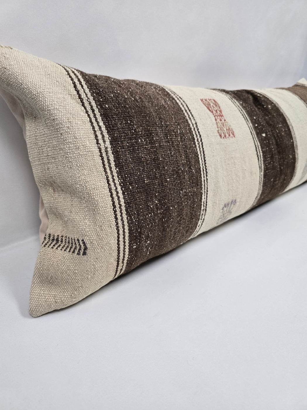 Turkish Lumbar Rug Pillow Cream Brown Red Gray Cushion Cover Hemp Pillow 14" x 40" #9430