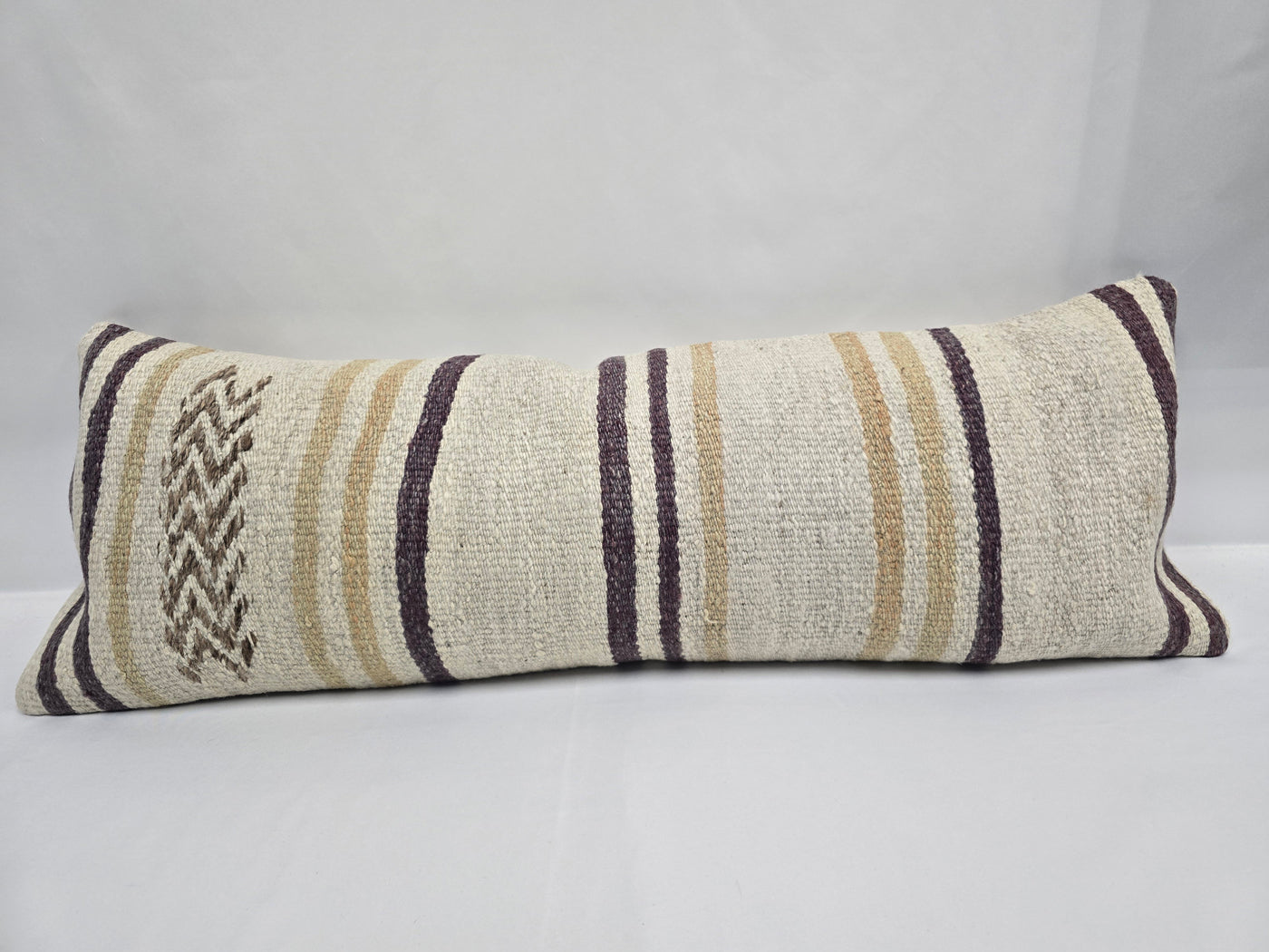 Turkish Lumbar Rug Pillow Cream Brown Purple Cushion Cover Hemp Pillow 14" x 40" #9415