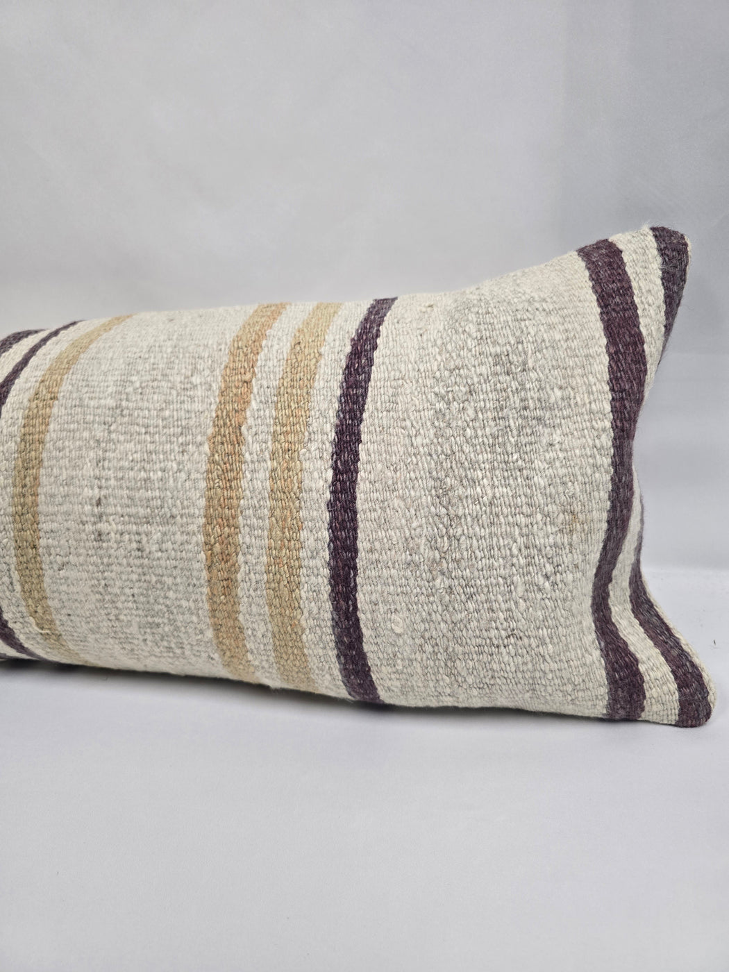 Turkish Lumbar Rug Pillow Cream Brown Purple Cushion Cover Hemp Pillow 14" x 40" #9415