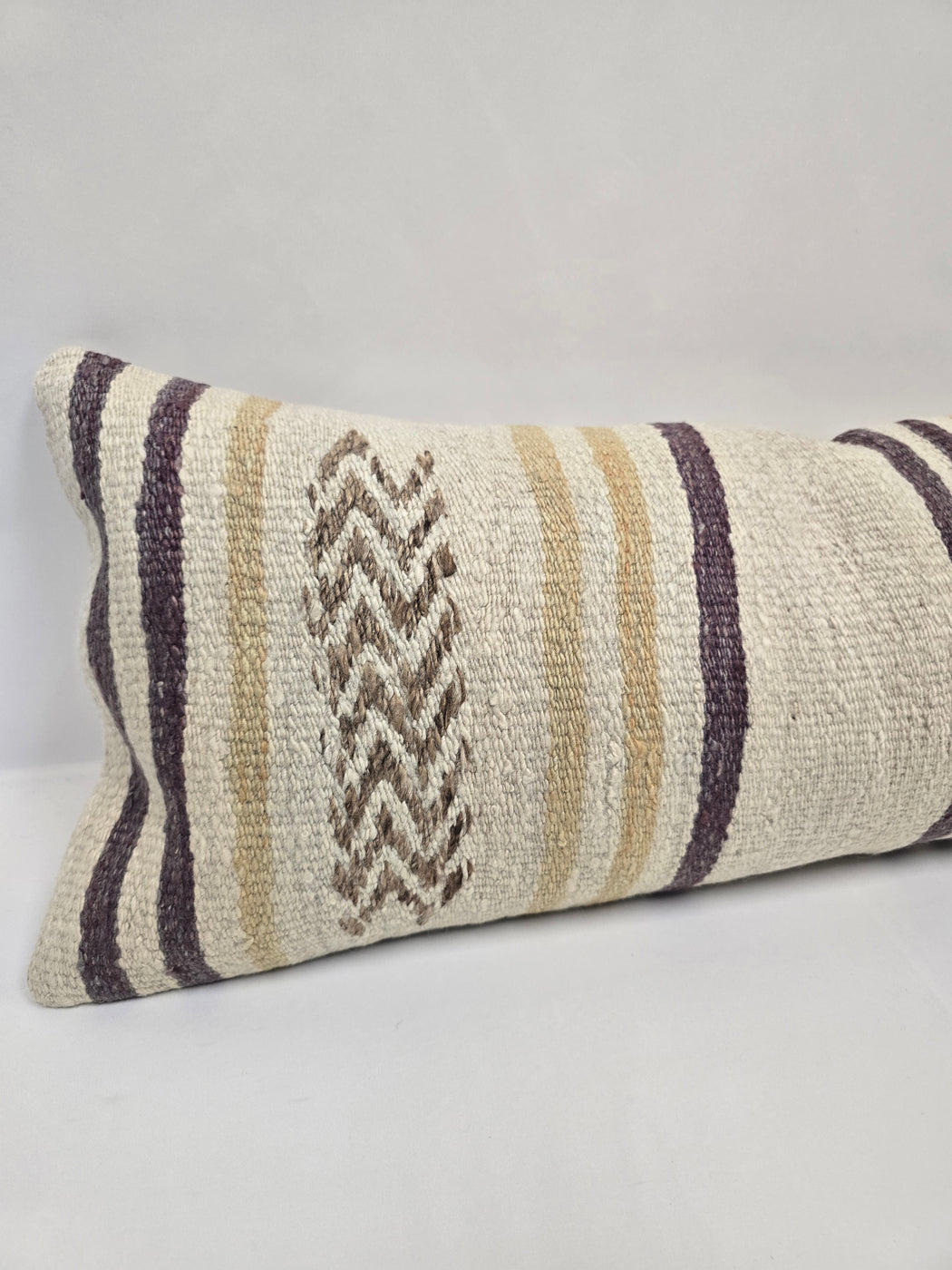 Turkish Lumbar Rug Pillow Cream Brown Purple Cushion Cover Hemp Pillow 14" x 40" #9415