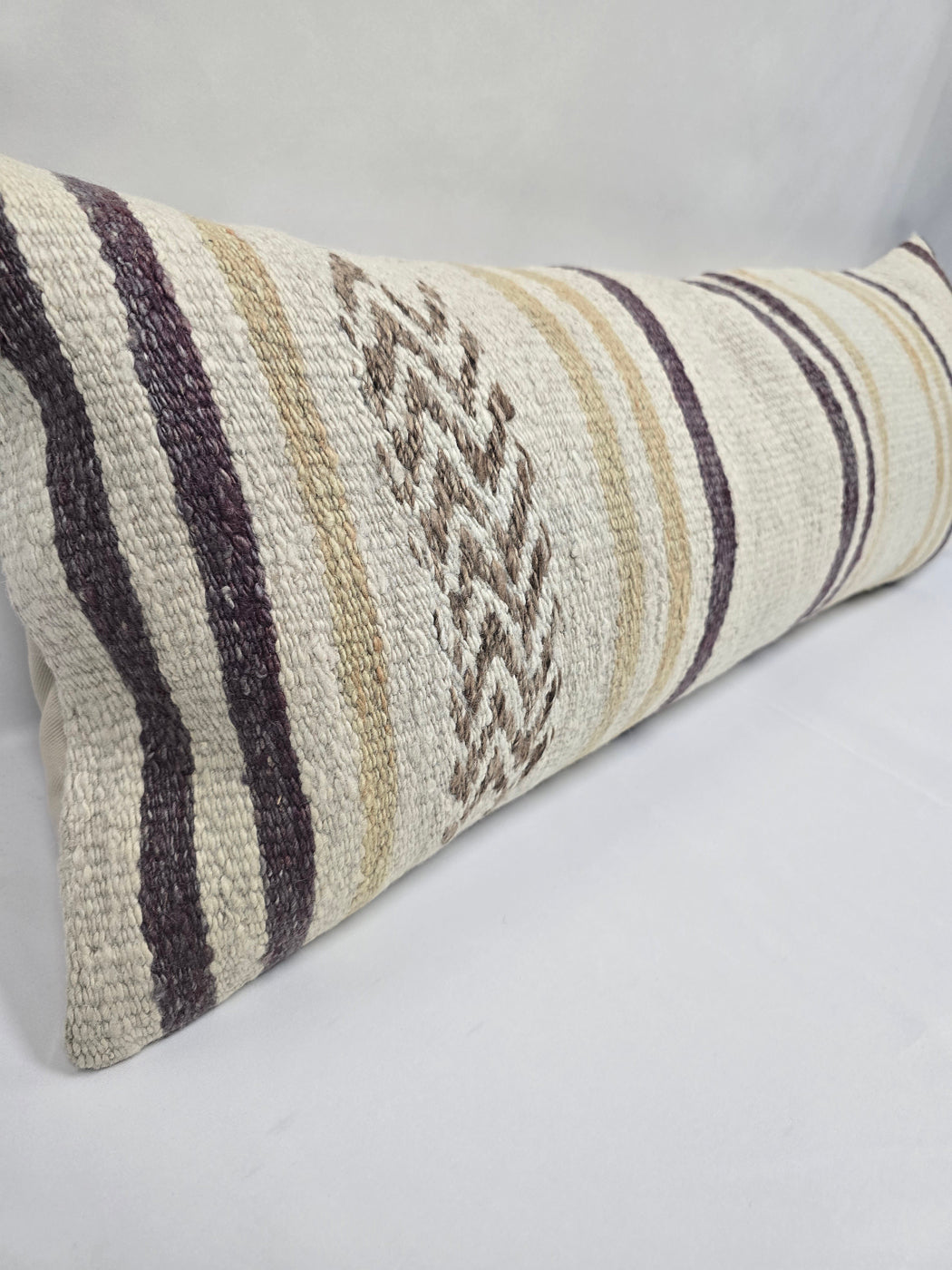 Turkish Lumbar Rug Pillow Cream Brown Purple Cushion Cover Hemp Pillow 14" x 40" #9415