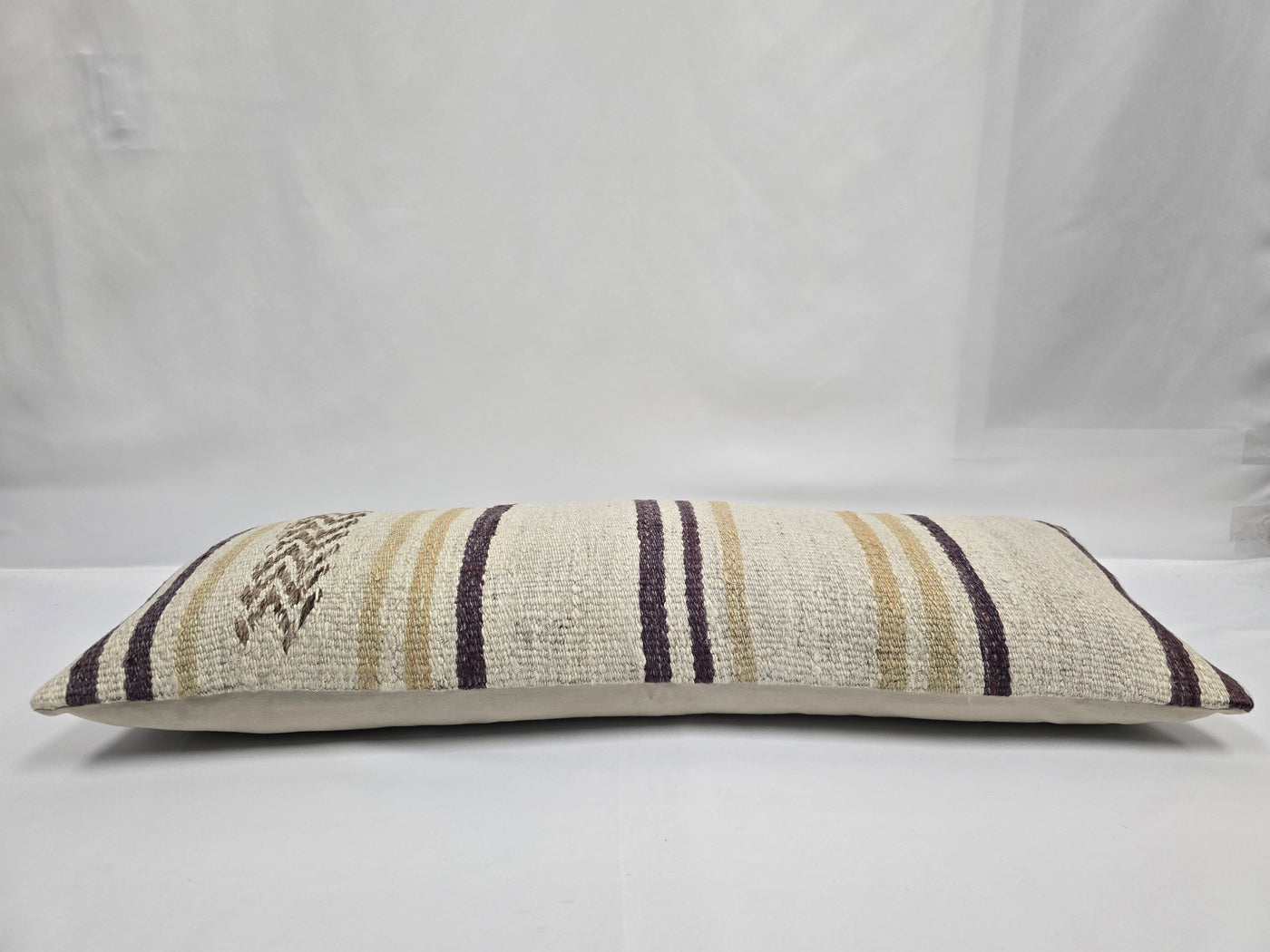 Turkish Lumbar Rug Pillow Cream Brown Purple Cushion Cover Hemp Pillow 14" x 40" #9415