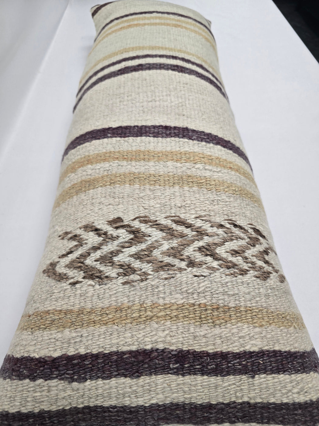 Turkish Lumbar Rug Pillow Cream Brown Purple Cushion Cover Hemp Pillow 14" x 40" #9415