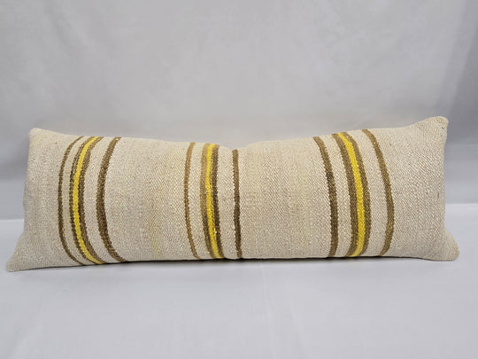Turkish Lumbar Rug Pillow Beige Brown Yellow Cushion Cover Hemp Pillow 14" x 40" #9414